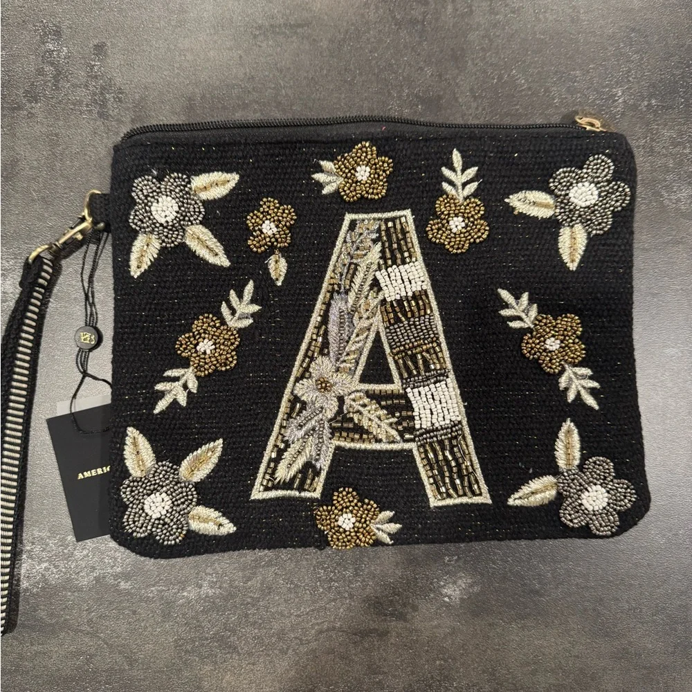 America and Beyond‎ Black and Gold Floral Beaded Clutch
